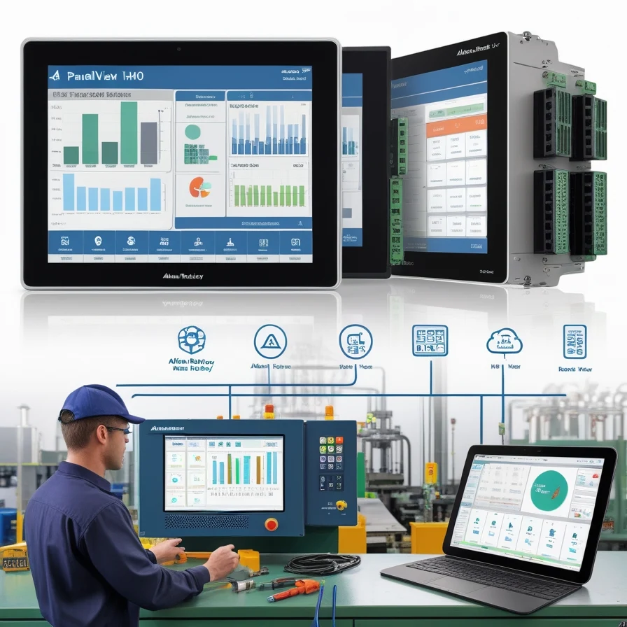 Diagram showing Allen Bradley HMI data flow between sensors, PLC, and operator