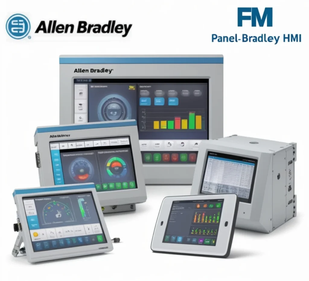 Allen Bradley HMI screen in a modern smart factory showing automation controls