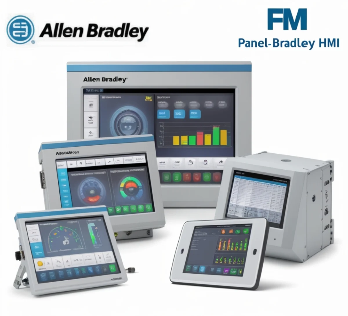Allen Bradley HMI screen in a modern smart factory showing automation controls