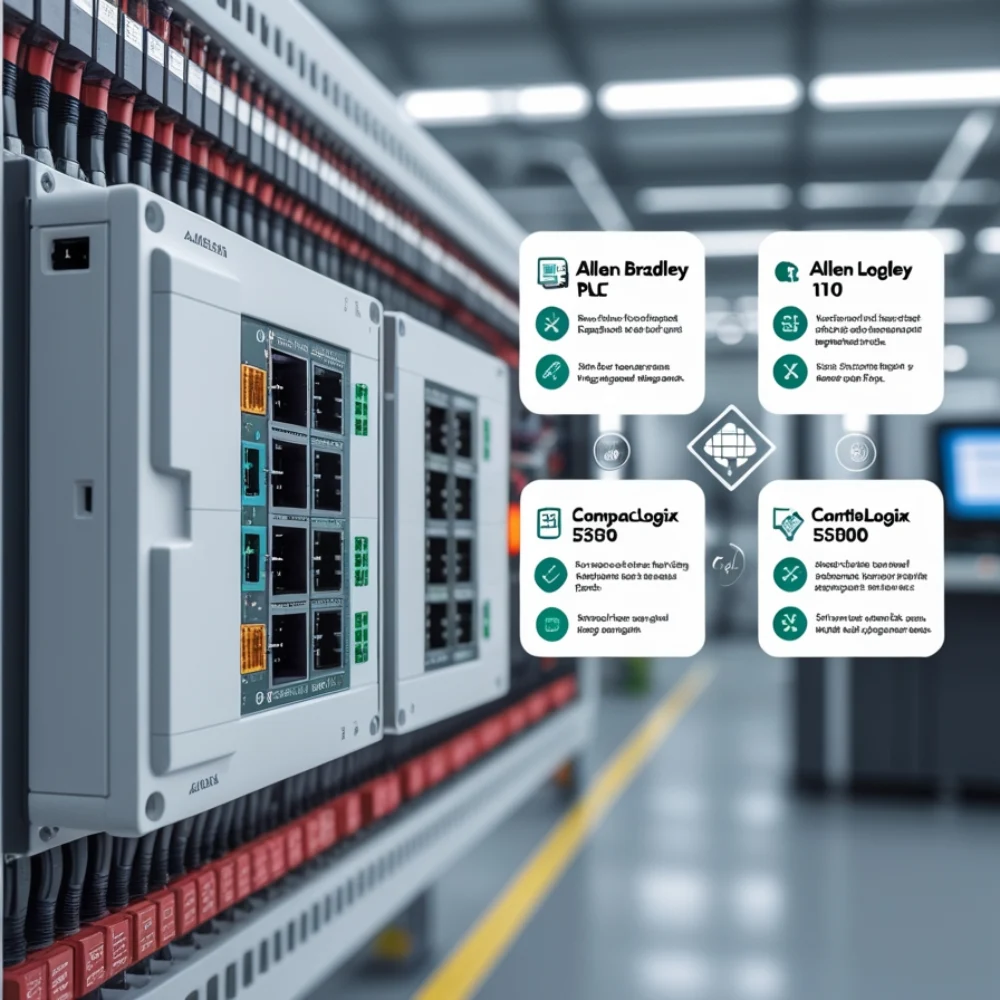 Engineer using Studio 5000 software with Allen Bradley PLC panel in background