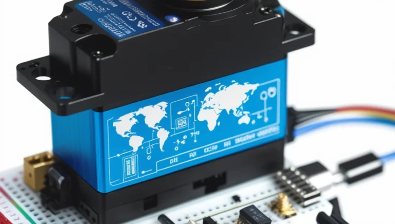 Close-up of a small servo motor connected to Arduino on a breadboard