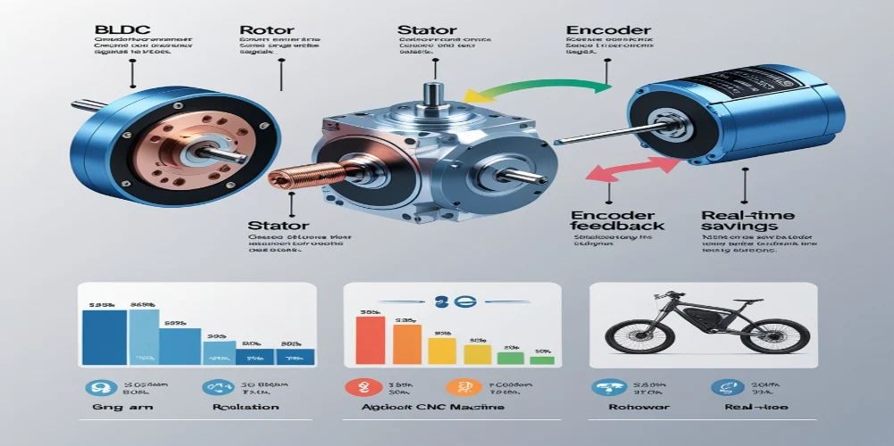 BLDC servo motor exploded view showing rotor, stator, and encoder