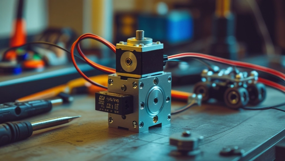 Close-up shot of a miniature servo motor, focusing on its compact design, gears, and potentiometer.