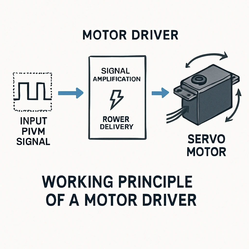 Close-up of servo motor connected to motor driver circuit board with LEDs