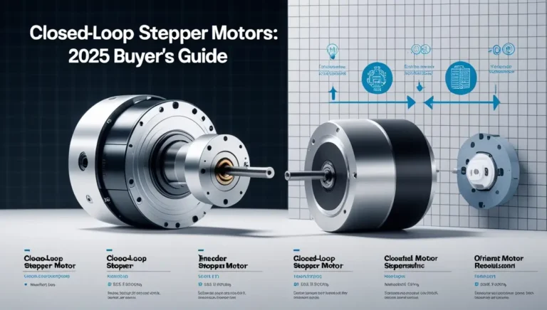 Closed loop stepper motor with encoder on dark technical background, article title overlay