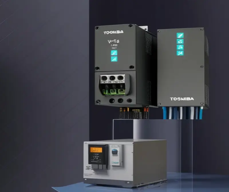 Collage of Toshiba VFD use cases: manufacturing conveyor, HVAC blower, and pump station