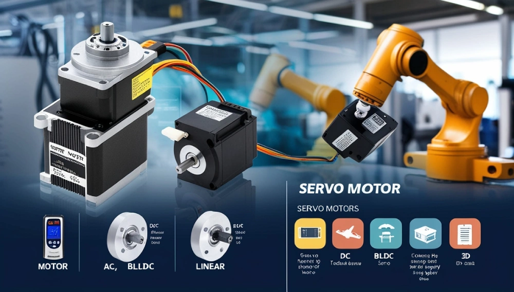 A diagram comparing different servo motors like DC, AC, BLDC, and Linear with icons for each type's typical application.