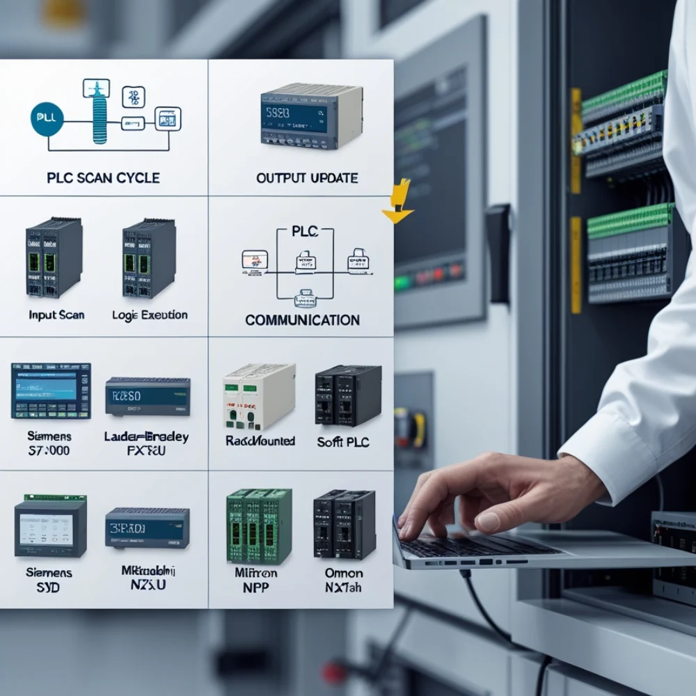Infographic comparing compact, modular, rack-mounted, and soft PLCs with key features.