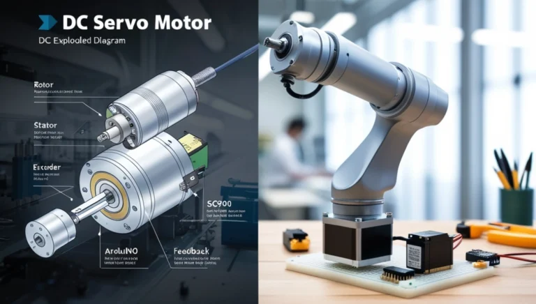 3D render of a DC servo motor with digital overlays showing performance metrics.