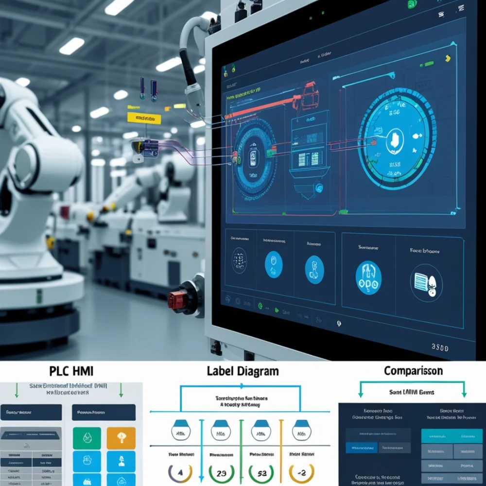 Visual diagram of a PLC HMI system connecting sensors and actuators