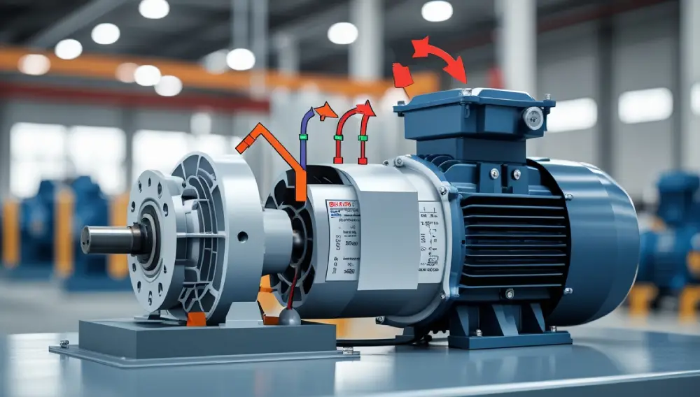 An electric motor starter setup in an industrial environment with labeled components like the contactor, overload relay, and motor connections.