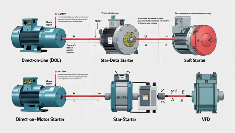 An electric motor starter setup in an industrial environment with labeled components like the contactor, overload relay, and motor connections.
