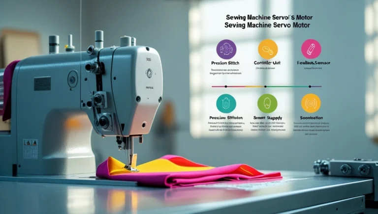 Modern industrial sewing machine with glowing sewing machine servo motor operating quietly and precisely