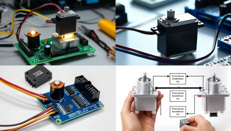 Close-up of an Arduino and servo motor working together in a tech workspace.