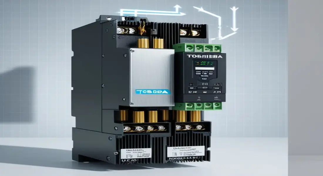 Featured image of three Toshiba VFD units over a circuit-board grid with article title overlay