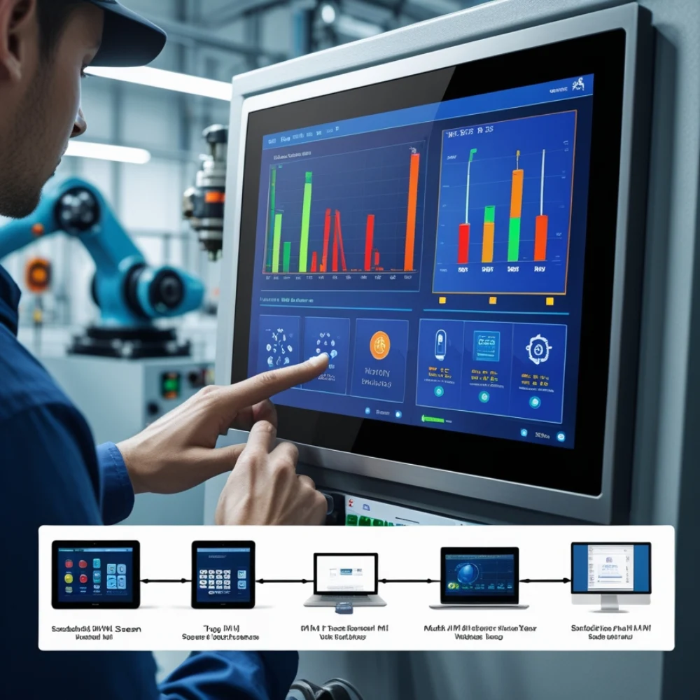 Diagram of industrial HMI working with PLC and machines using protocols like Modbus – Understanding Industrial HMIs: A Simple Guide