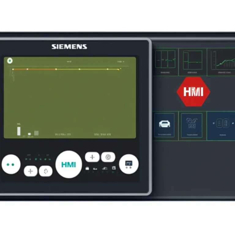 HMI module in factory environment showing touchscreen interface with data graphs
