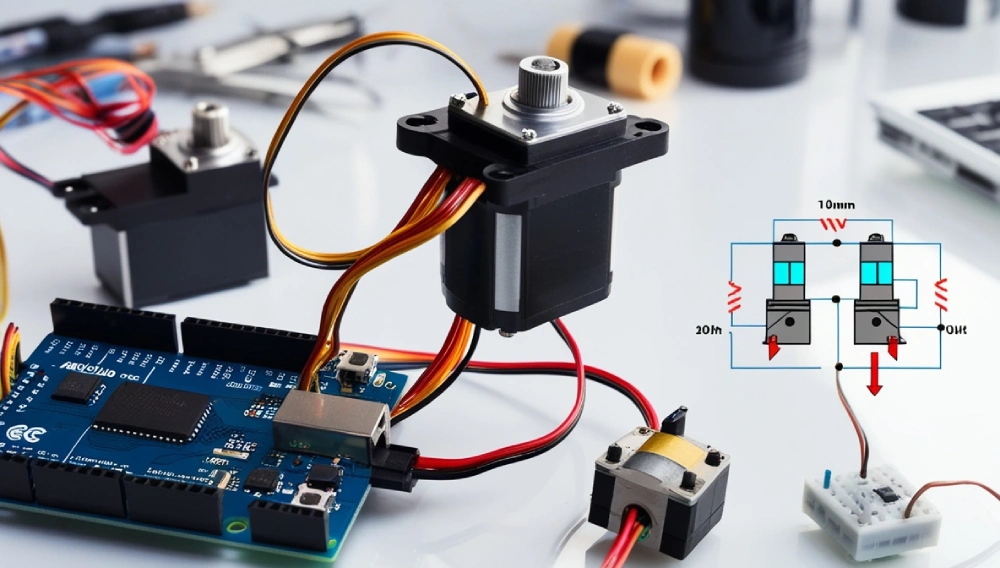 Close-up of a servo motor and Arduino board on a workbench.