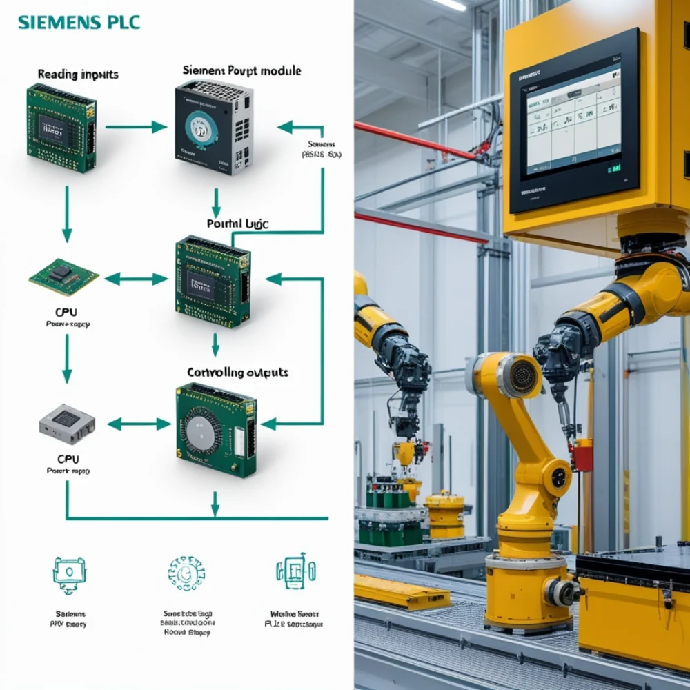 Infographic showing how a Siemens PLC processes inputs and controls outputs