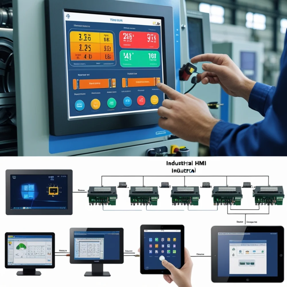 Factory worker using touchscreen HMI to view real-time machine data – Understanding Industrial HMIs: A Simple Guide
