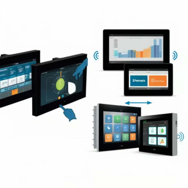 Industrial HMI touch screen panel with technician in factory