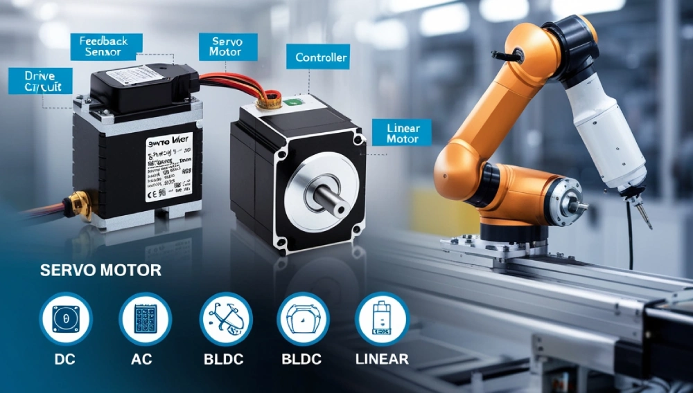A robot arm powered by a servo motor on a manufacturing line, demonstrating precision and automation in a factory setting.