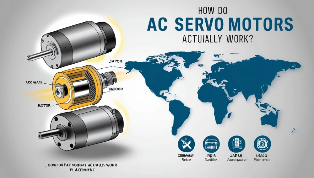 Cutaway view of an AC servo motor with labeled components including stator, rotor, encoder, and controller