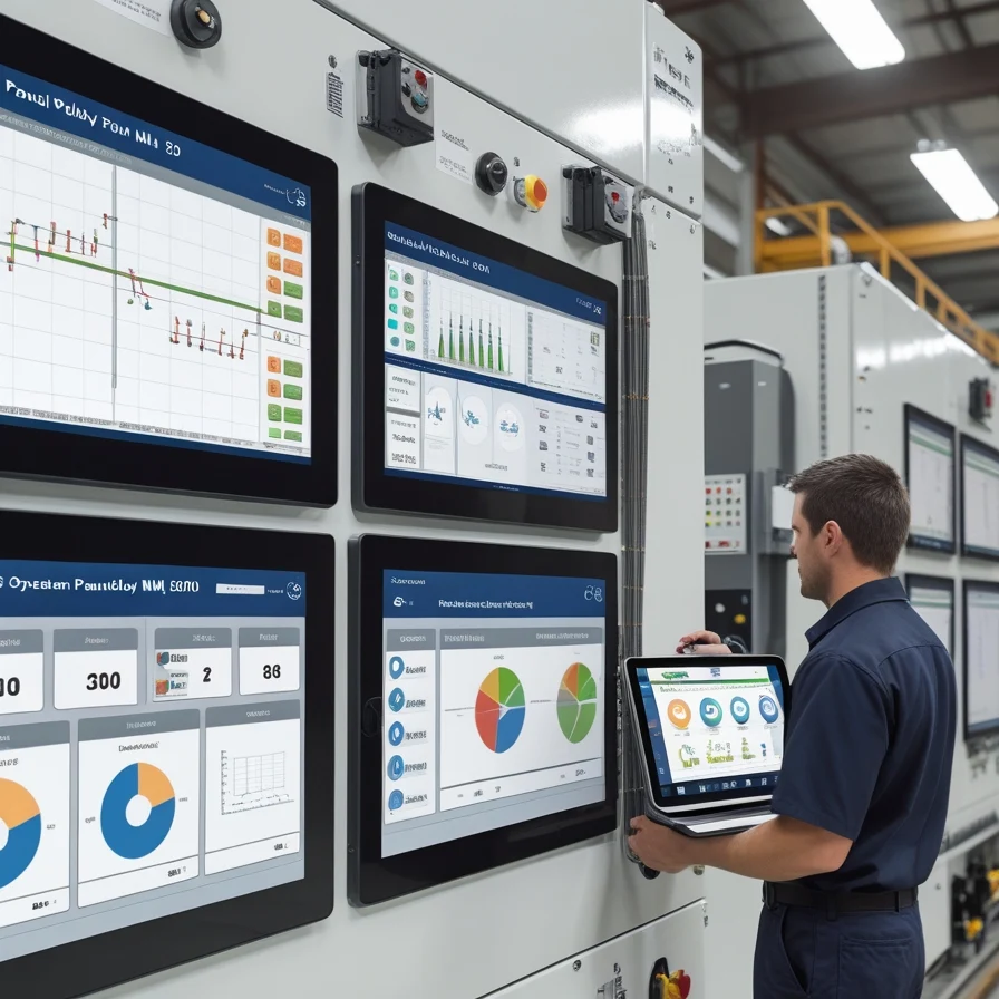 Technician installing Allen Bradley HMI with software and tools in an industrial setting