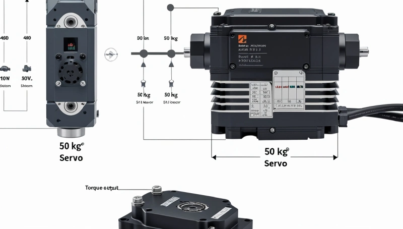 Exploded diagram of 50 kg·cm servo motor showing internal components labeled.