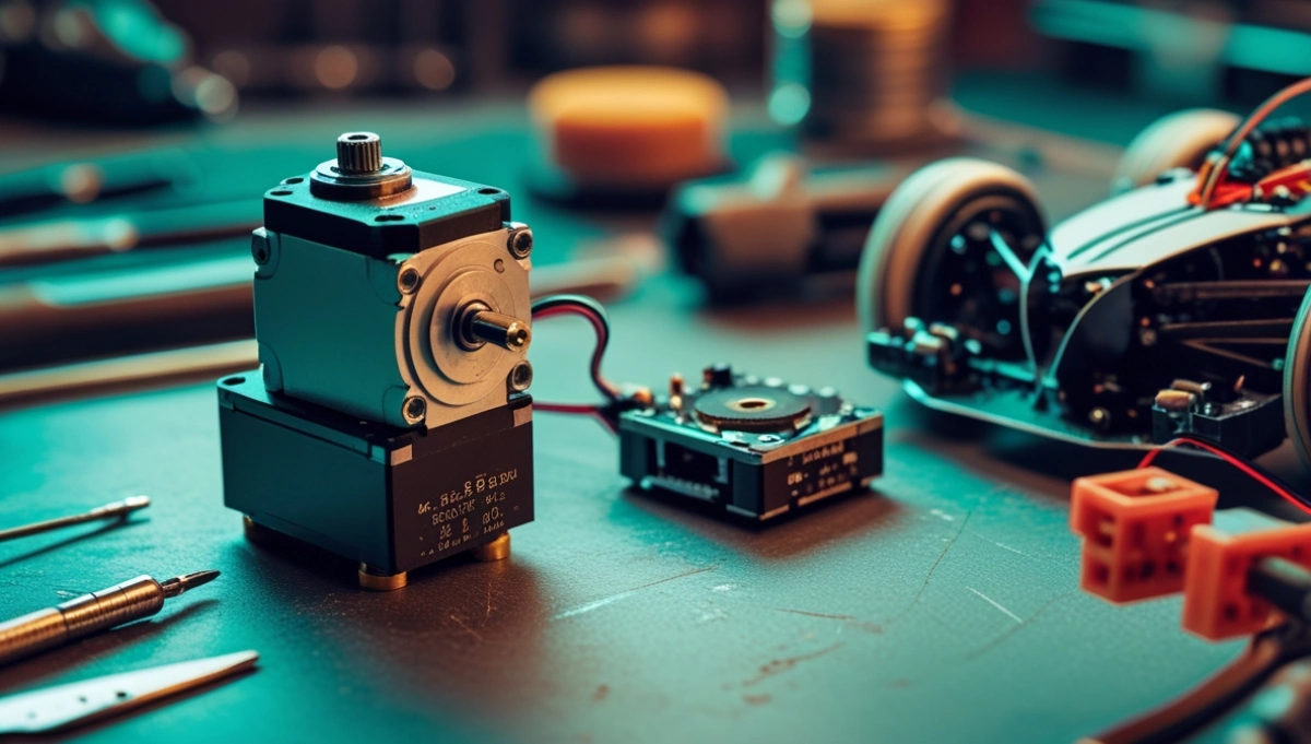 Miniature servo motor in action, adjusting a robotic arm with visible precision