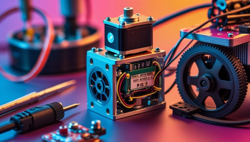 Miniature servo motor inside a remote-controlled car, steering the wheels with visible gear mechanism.
