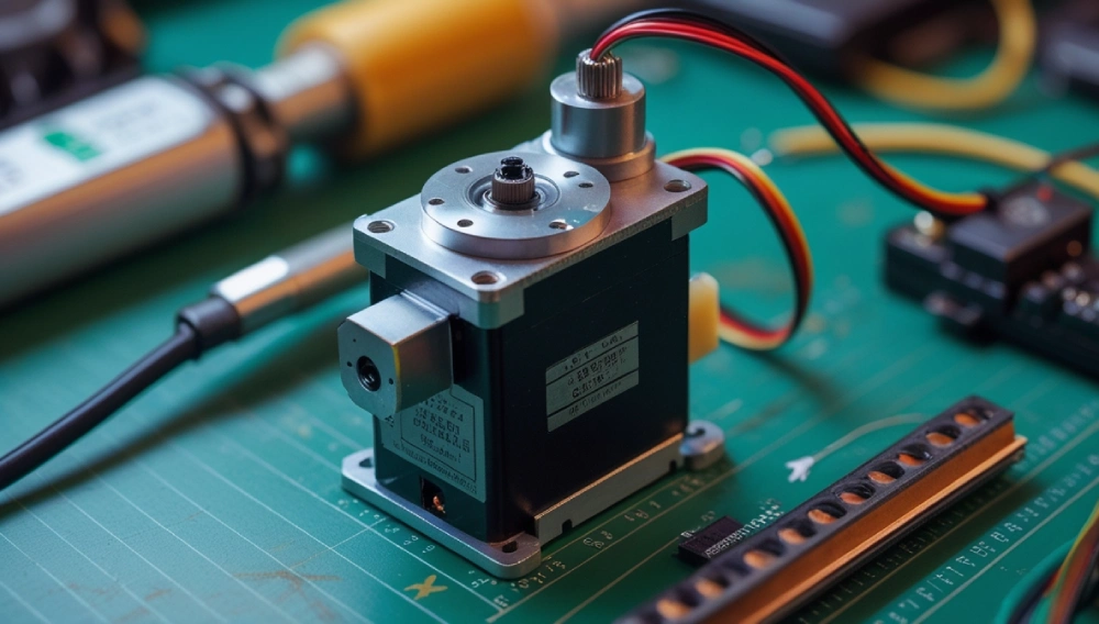 Miniature servo motor controlling precise movement in a robotic arm, showing its application in robotics.