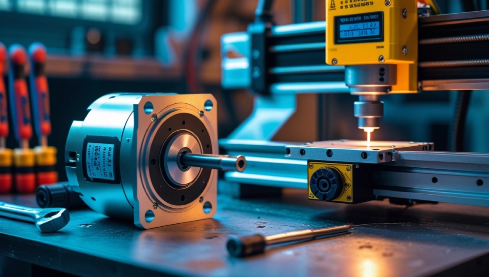 Close-up image of NEMA 23 stepper motor with wrench and multimeter for scale.