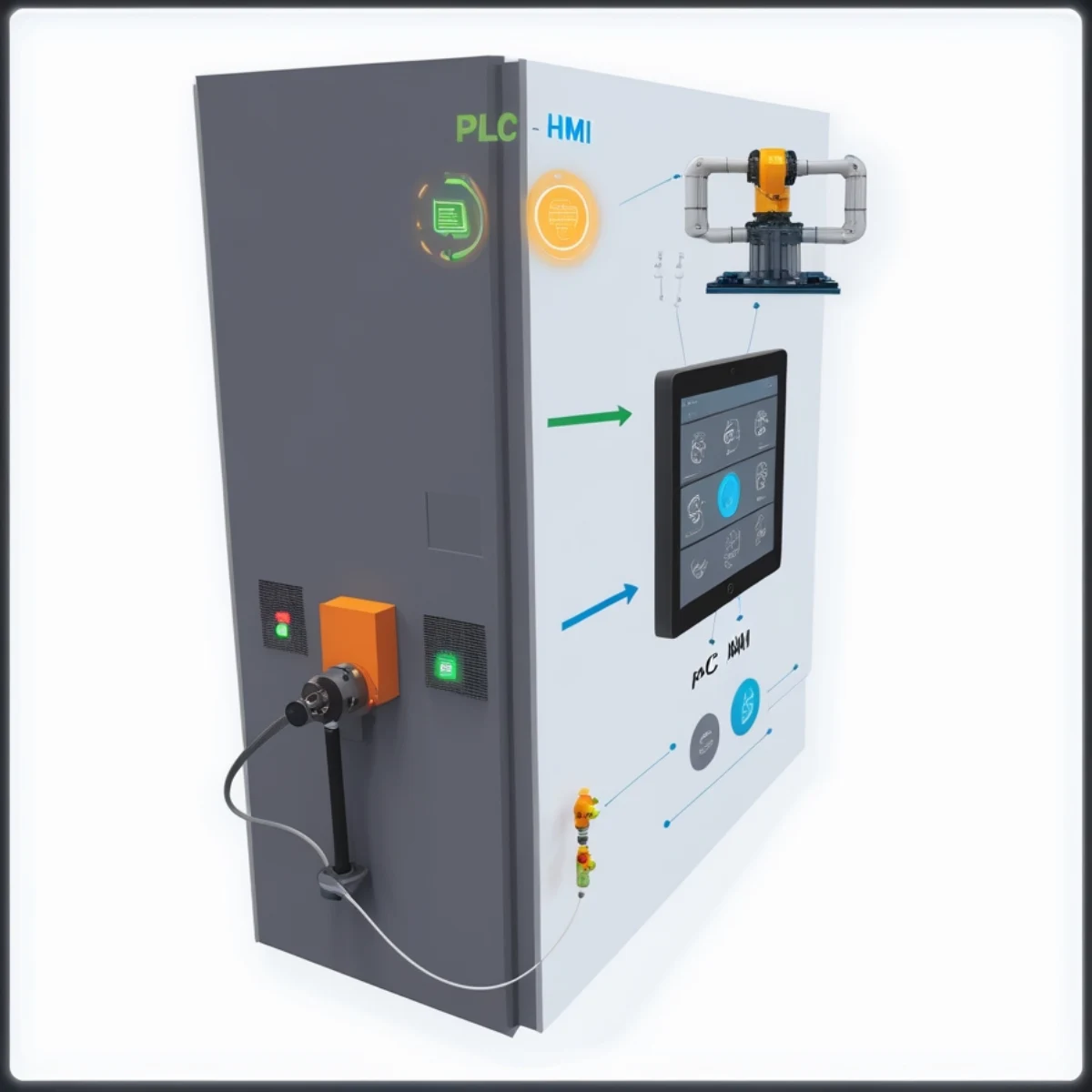 Industrial-grade PLC HMI touchscreen panel showing real-time data in a modern factory