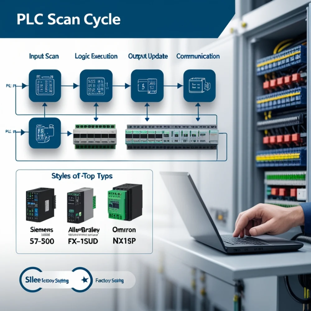 PLC scan cycle infographic showing input scan, logic execution, output update, and communication.