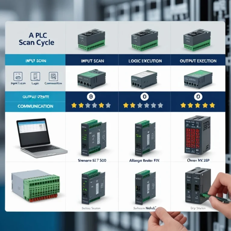 Featured image of a Programmable Logic Controller (PLC) installed in an industrial automation system with sensors and HMI.