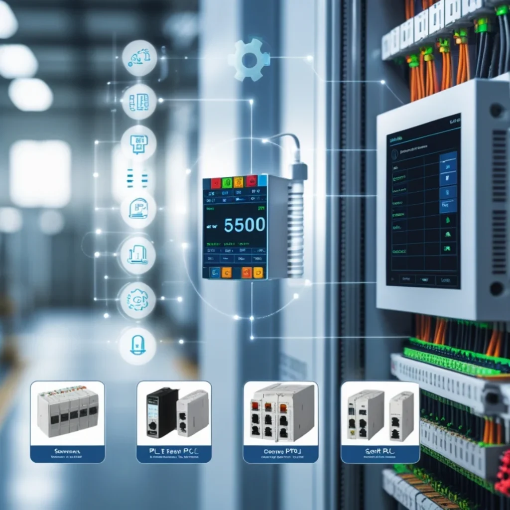 Technician programming a PLC inside a control cabinet in a factory environment.