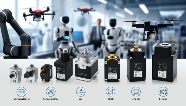 A collection of various servo motors in the foreground with blurred robots, drones, and automated machines in the background.