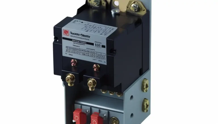 Square D motor starter mounted in an industrial control panel, showing key components like the contactor and overload relay.
