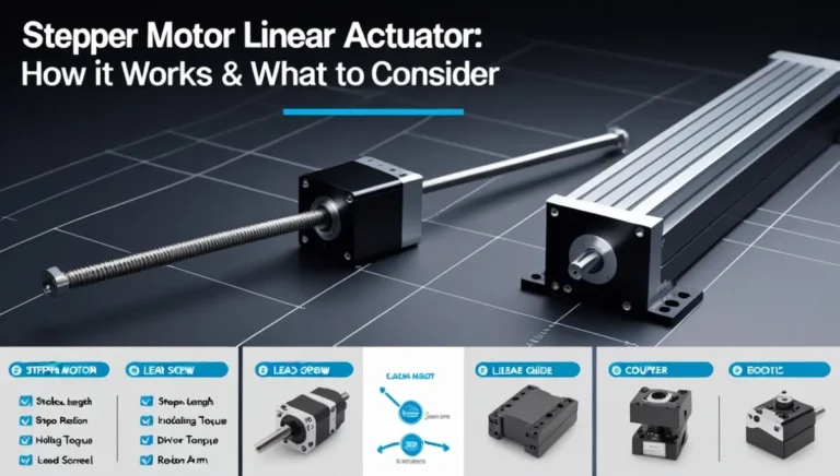Hero shot of a stepper motor linear actuator with lead screw and carriage on dark blueprint background