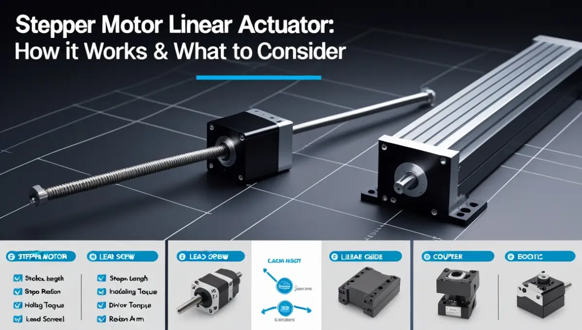 Hero shot of a stepper motor linear actuator with lead screw and carriage on dark blueprint background
