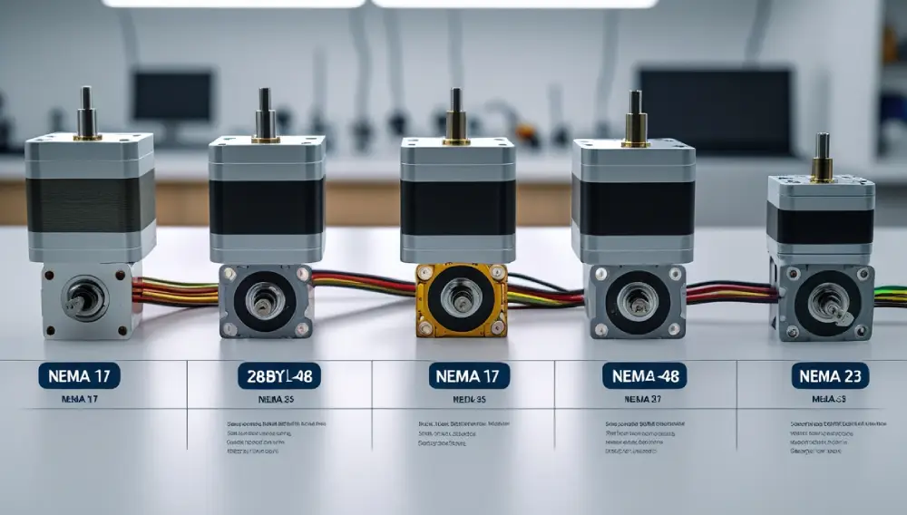 Comparison image of various stepper motor types with labels and applications