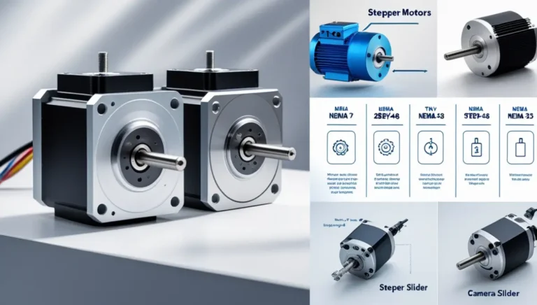 Detailed 3D render of various stepper motors with labeled components