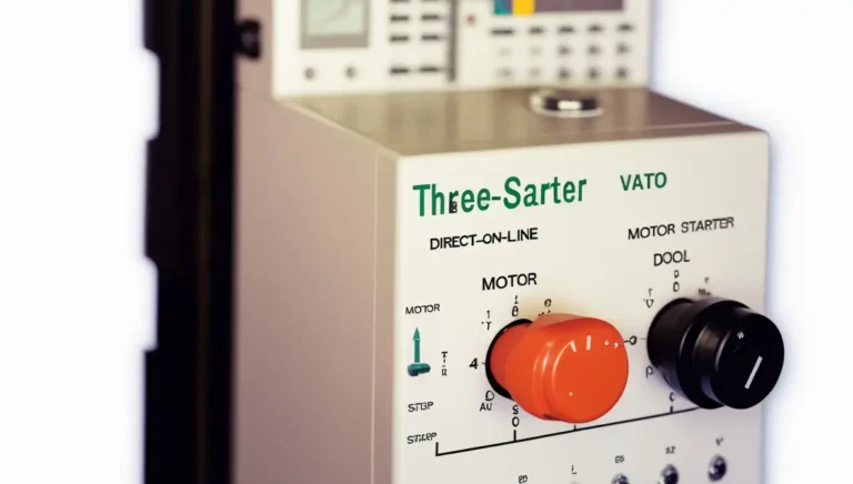 A professional image showing the main components of a three-phase motor starter system, labeled for clarity.