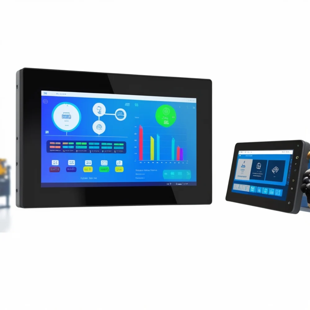 4 different industrial HMI types shown in a factory setting – Understanding Industrial HMIs: A Simple Guide