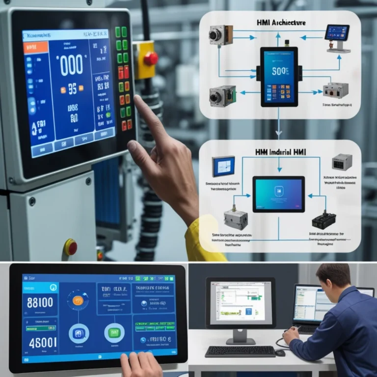 Modern industrial HMI screen in a smart factory showing real-time machine data – Understanding Industrial HMIs: A Simple Guide