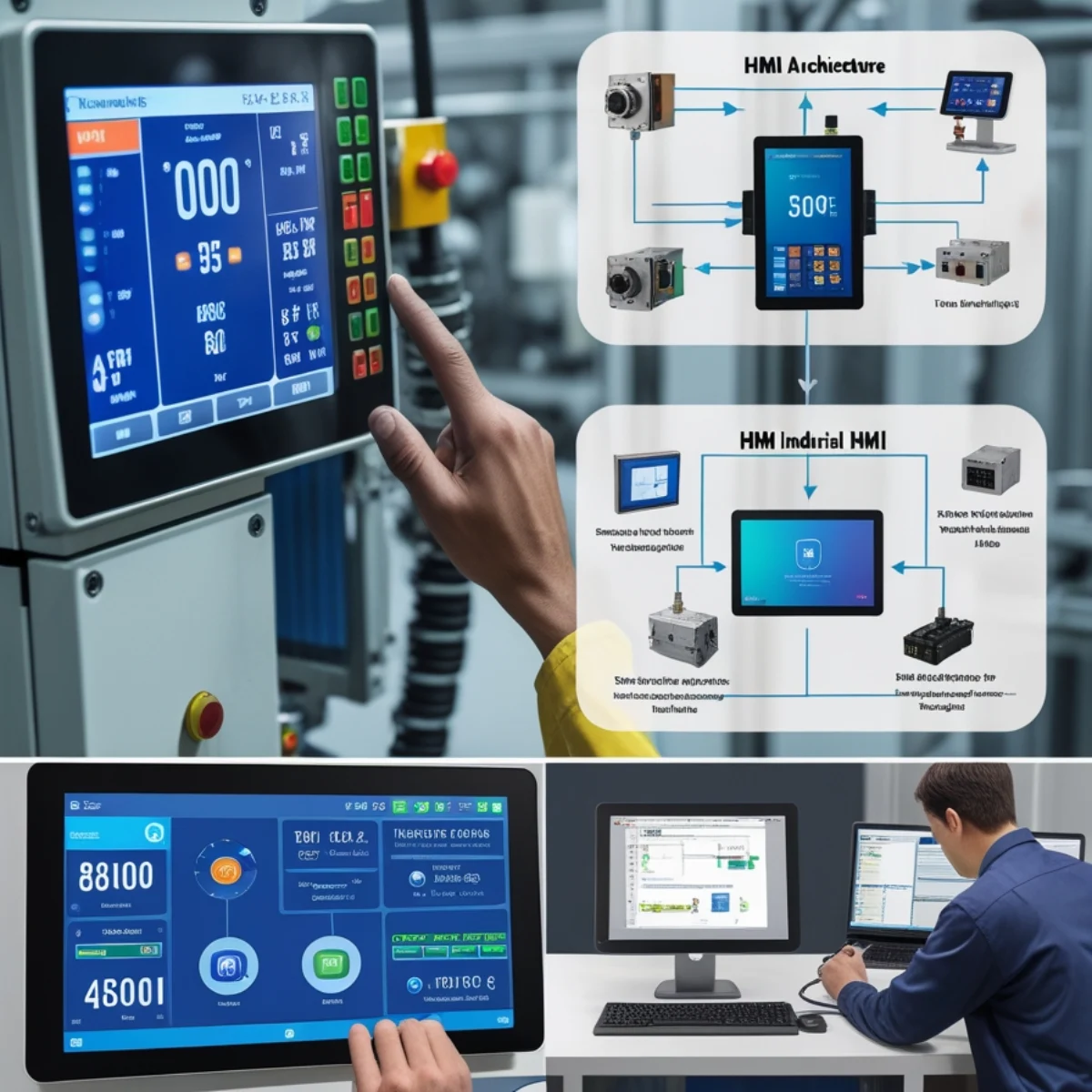 Modern industrial HMI screen in a smart factory showing real-time machine data – Understanding Industrial HMIs: A Simple Guide