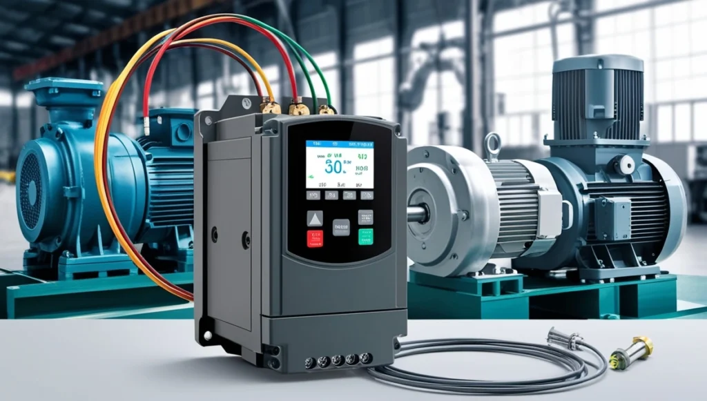 VFD in industrial setting showing motor control and energy-saving features.