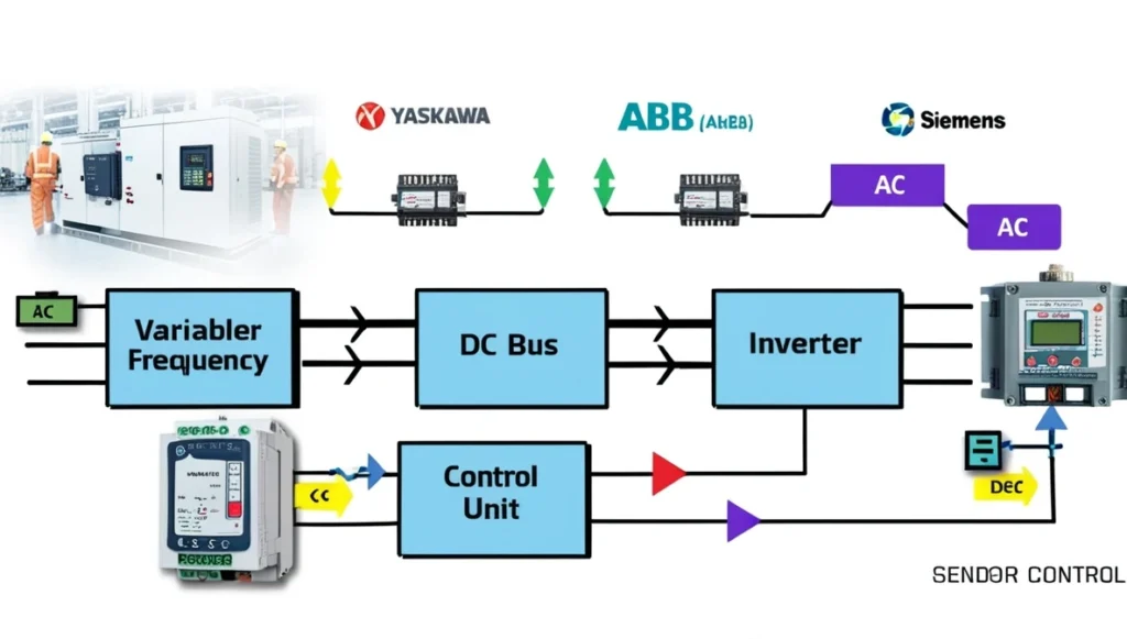 Simple block diagram of a VFD showing power flow and key components