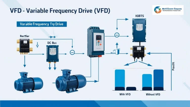 Professional VFD concept illustration showing motor speed control and frequency adjustment.